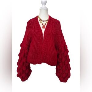 Womens Handmade Knitting Ball Puff Sleeve Sweaters Cardigan Sz (S/M)